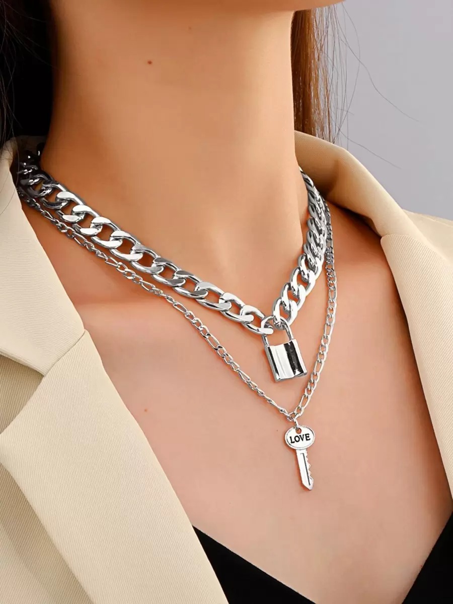 Collier double serrure &amp; clé, style superposé élégant