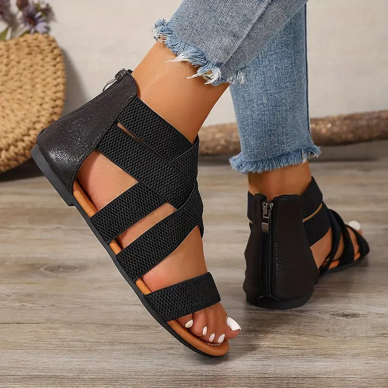 Sandales Plates Noires pour Femme, Légères et Confortables