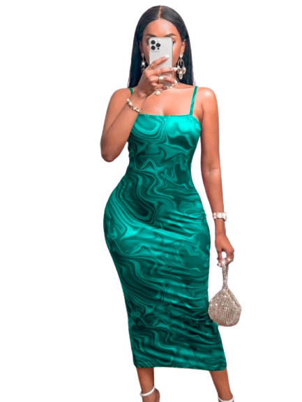 Robe longue fendue avec bretelles et motif marbré, Teal Blue