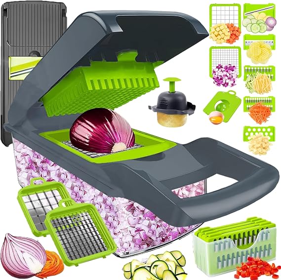 Coupe-légumes multifonction avec récipient, conçu pour hacher, trancher, râ…