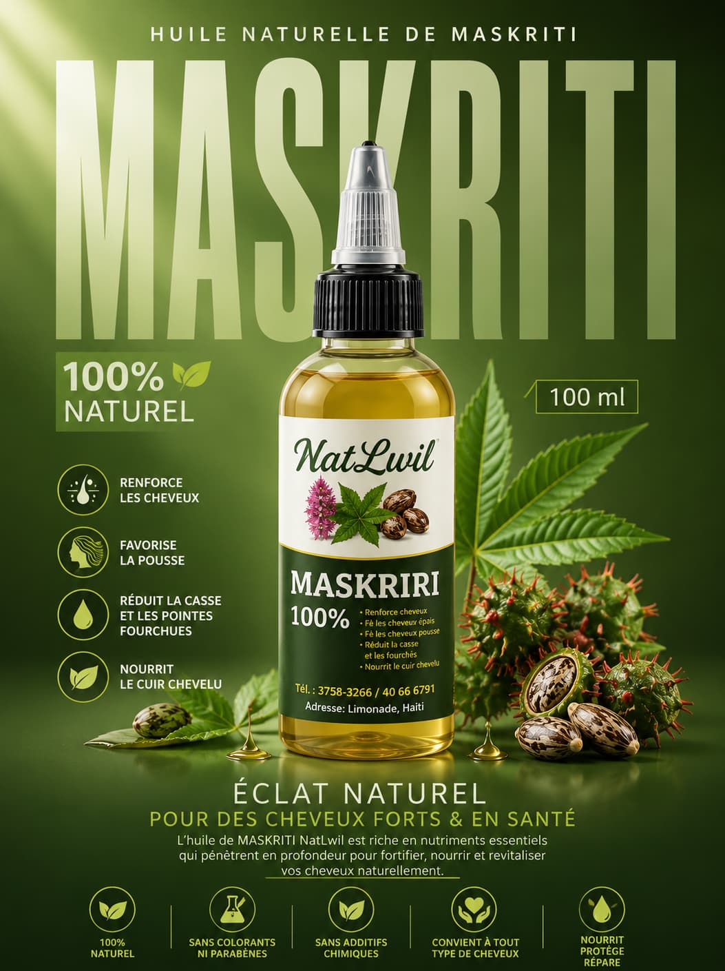 Nat Lwil Maskriti 100% – Huile capillaire pour cheveux secs, cassants et cuir chevelu